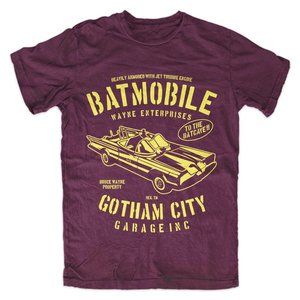 Gotham Garage T-Shirt BURGUNDY Batman, Ledger, Dark Knight, Prankster, Psycho, S